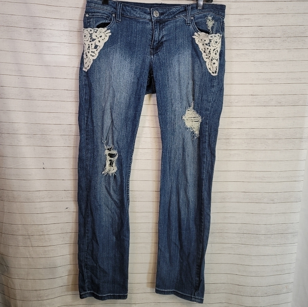 STS BLUE JESSIE RELAXED BOYFRIEND JEANS, W CROCHET LACE DETAIL, SZ 11